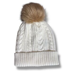 J CREW FACTORY Ivory Cable Knit Faux Fur Pom Cuffed Beanie